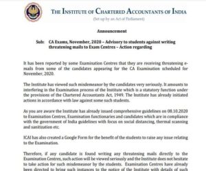 CA Exam 2020: Legal action will be taken against CA candidates who send threatening emails to exam centers: ICAI